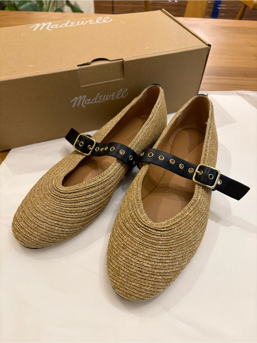 Madewell Gold Raffia Mary Janes with Black Strap